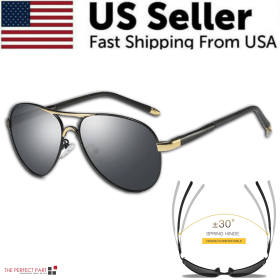 Mens Polarized Pilot Sunglasses Outdoor Driving UV400 Sun Glasses Sport Eyewear (Frame Style: Style 2 - Gold W/ Black Lens)