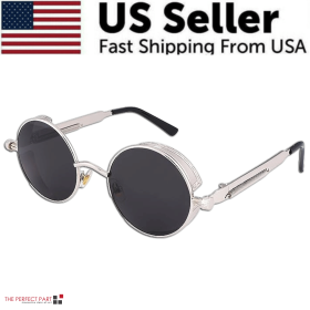 Retro Round Polarized Sunglasses Men Women Vintage Gothic Steampunk Glasses (Color: Silver/Black Polarized)