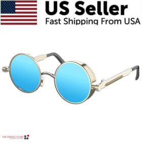 Retro Round Polarized Sunglasses Men Women Vintage Gothic Steampunk Glasses (Color: Gold/Blue Polarized)
