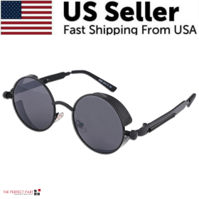 Retro Round Polarized Sunglasses Men Women Vintage Gothic Steampunk Glasses (Color: Black/Black Polarized)