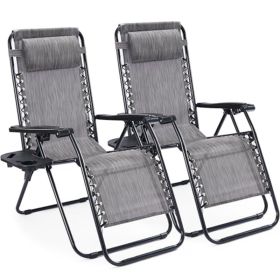 Set of 2 Zero Cravity Lounge Chairs,Outdoor Patio Folding Recliners for Pool Beach with Pillow and Cup Holder (Color: Grey)