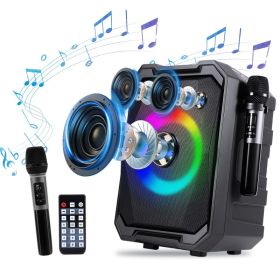 1Pc Portable Wireless Party Speaker With LED Light 2 Wireless Mics Remote Control TWS Music Accompany Mic. Priority Bass Echo Mic Treble Guitar I (Option: Black)
