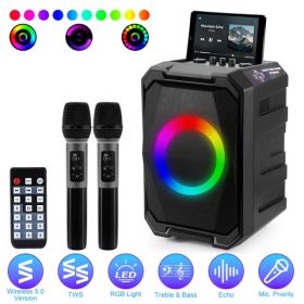 Portable Wireless Party Speaker With LED Light 2 Wireless Mics Remote Control TWS Music Accompany Mic. Priority Bass Echo Mic Treble Guitar In (Option: Black)